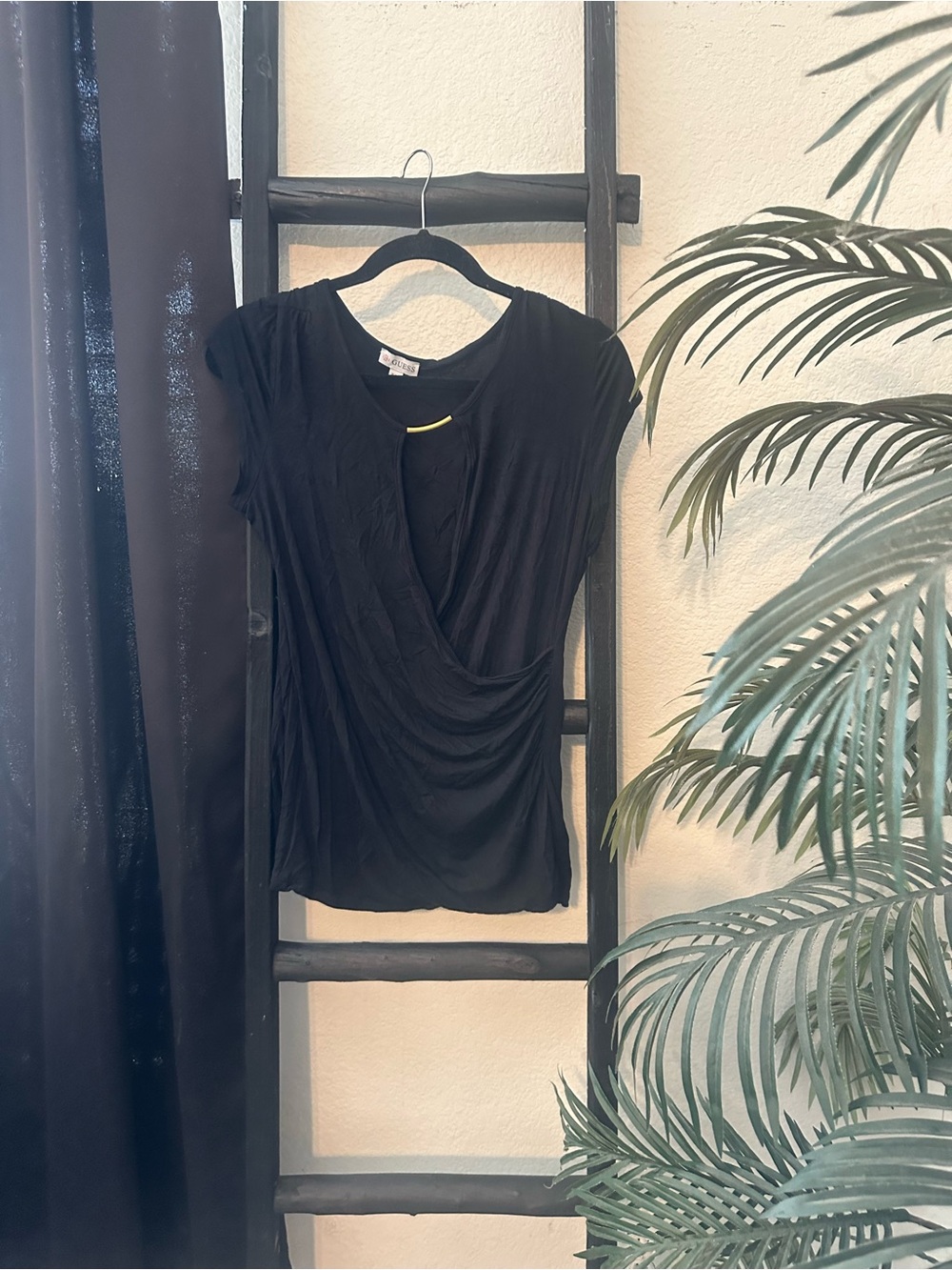 Guess Black Draped Short Sleeve Blouse
